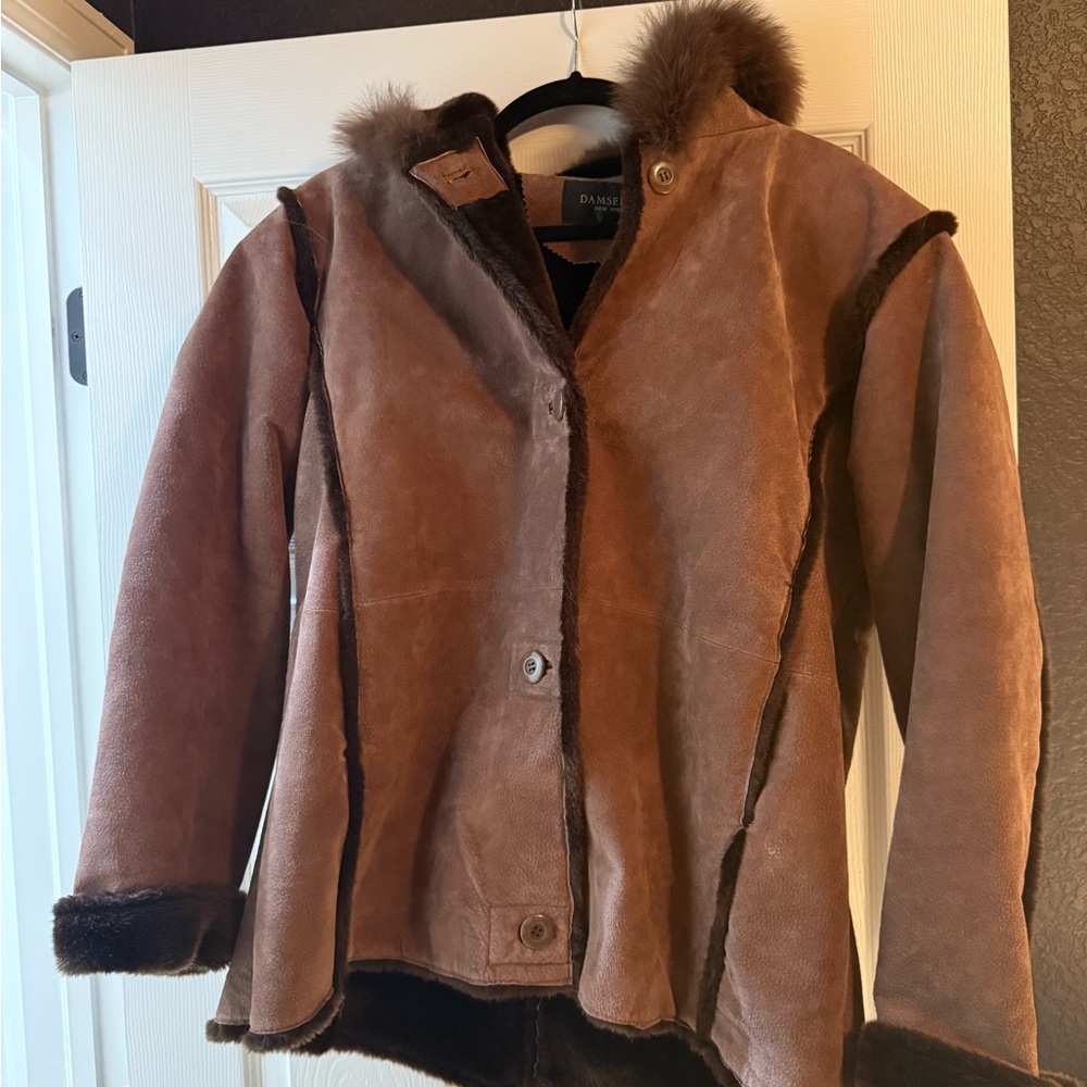 Vintage Brown Leather Jacket with Real Fur Trim Size Large